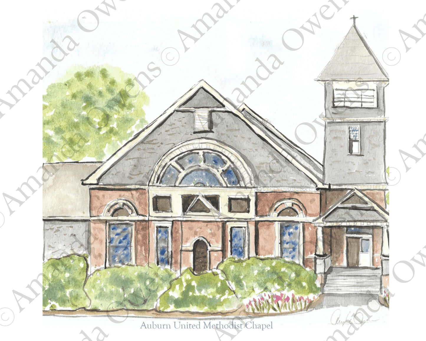 Auburn Alabama: First Methodist Chapel Wedding Venue Watercolor Illustration
