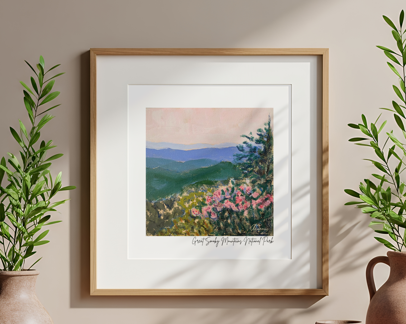 framed smoky mountains national park landscape prints in blues and greens