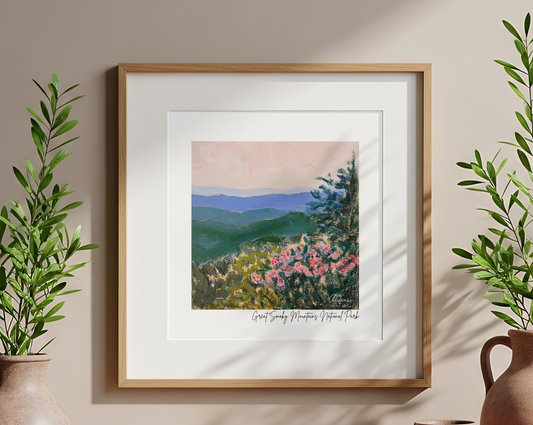 framed smoky mountains national park landscape prints in blues and greens